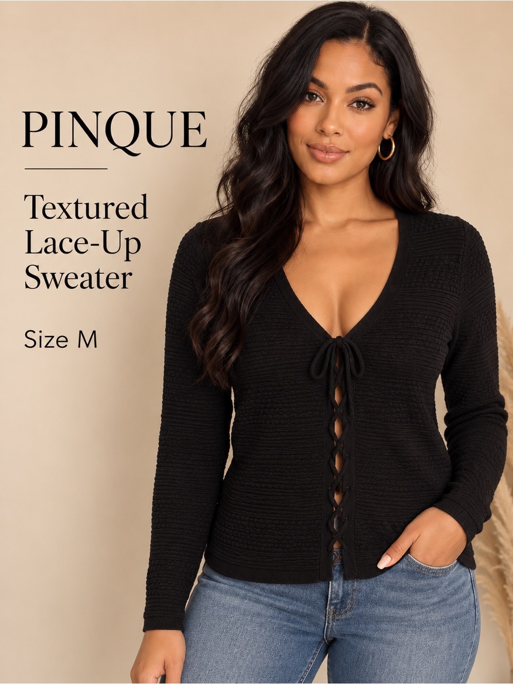 Pinque Textured Black Lace-Up Front Sweater Top Size M